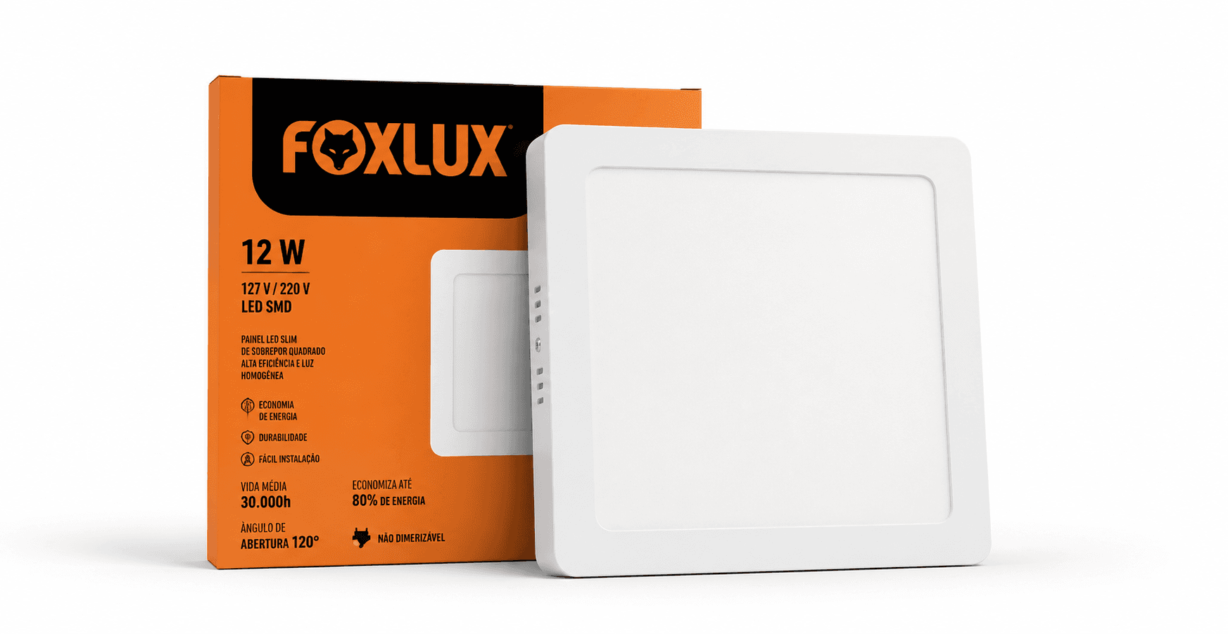 Painel de LED Foxlux 12W quadrado de sobrepor ao lado da embalagem
